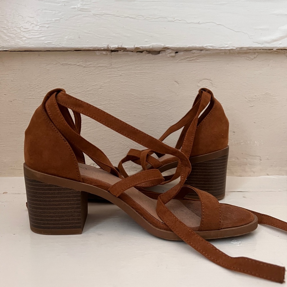 brown suede strappy block heels